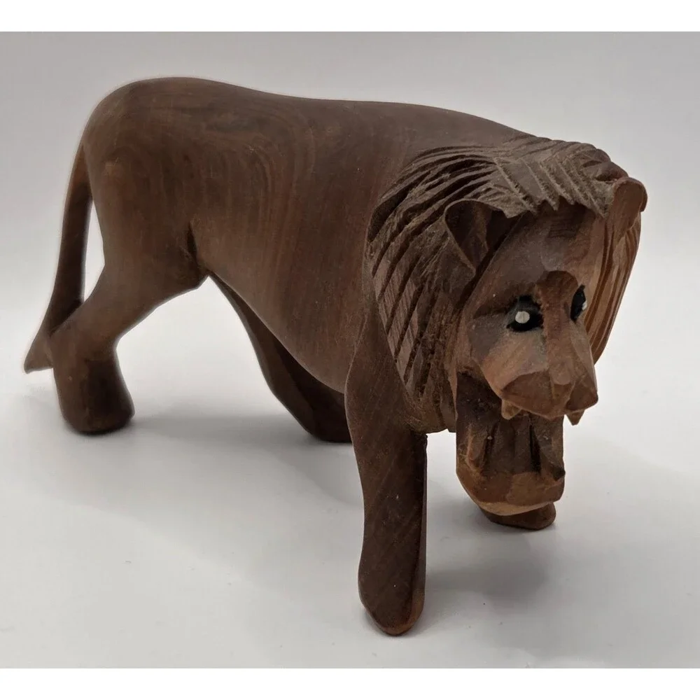 VTG Kenyan Hand Carved Wood Lion Figurine Roaring Safari Folk Art 6.5